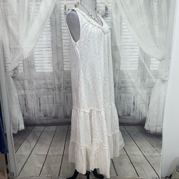 Reba Large Embroidered Dress Pullover Fringe Eyelet Solid White Sleeveless Midi - Picture 6 of 14